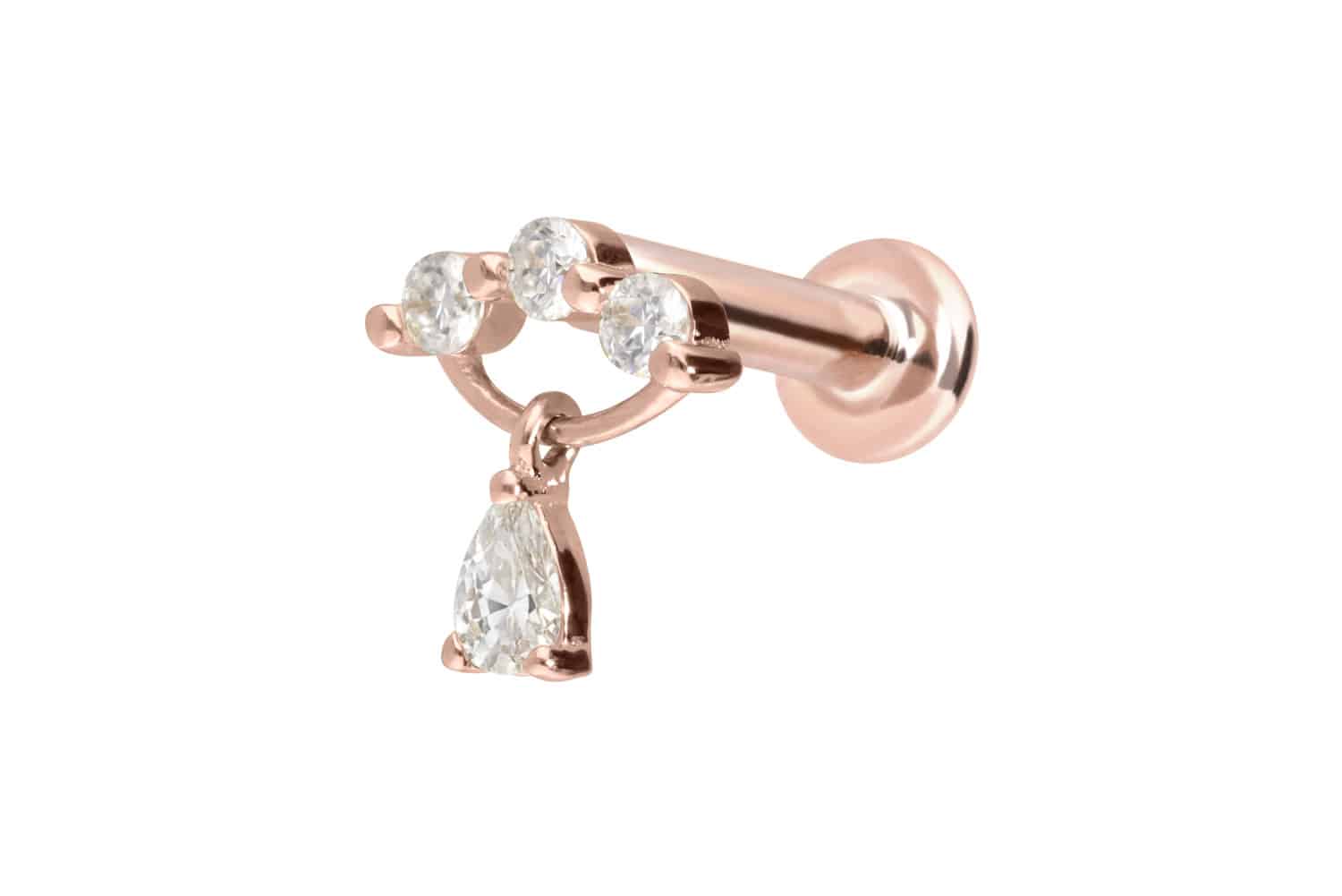 14 Karat Gold Labret Piercing mit Innengewinde MOISSANIT-BOGEN + MOISSANIT-TROPFEN
